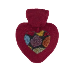 1 Litre Heart Shaped Hot Water Bottle with Red Knitted Pom Pom Felt Cover (rubberless)