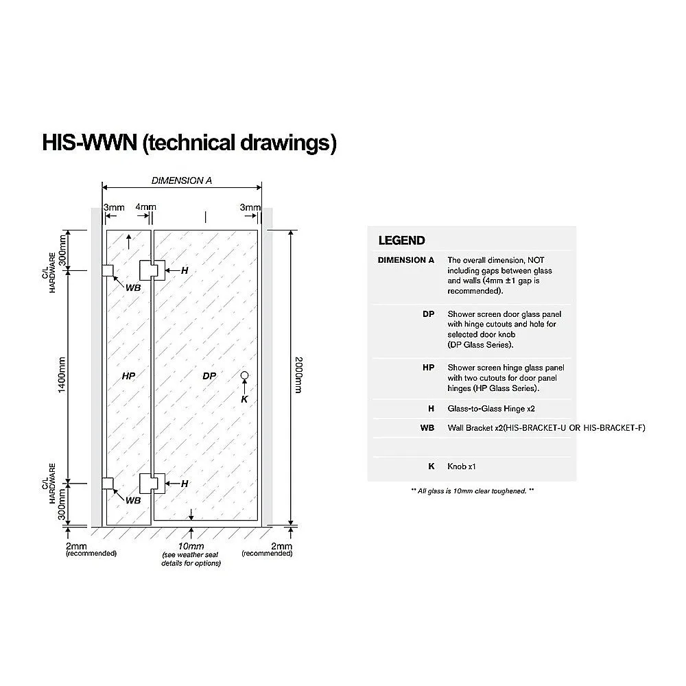 100cm Wall to Wall Frameless Shower Screen with Black Channel and SS Hinges , Square Knob Handle