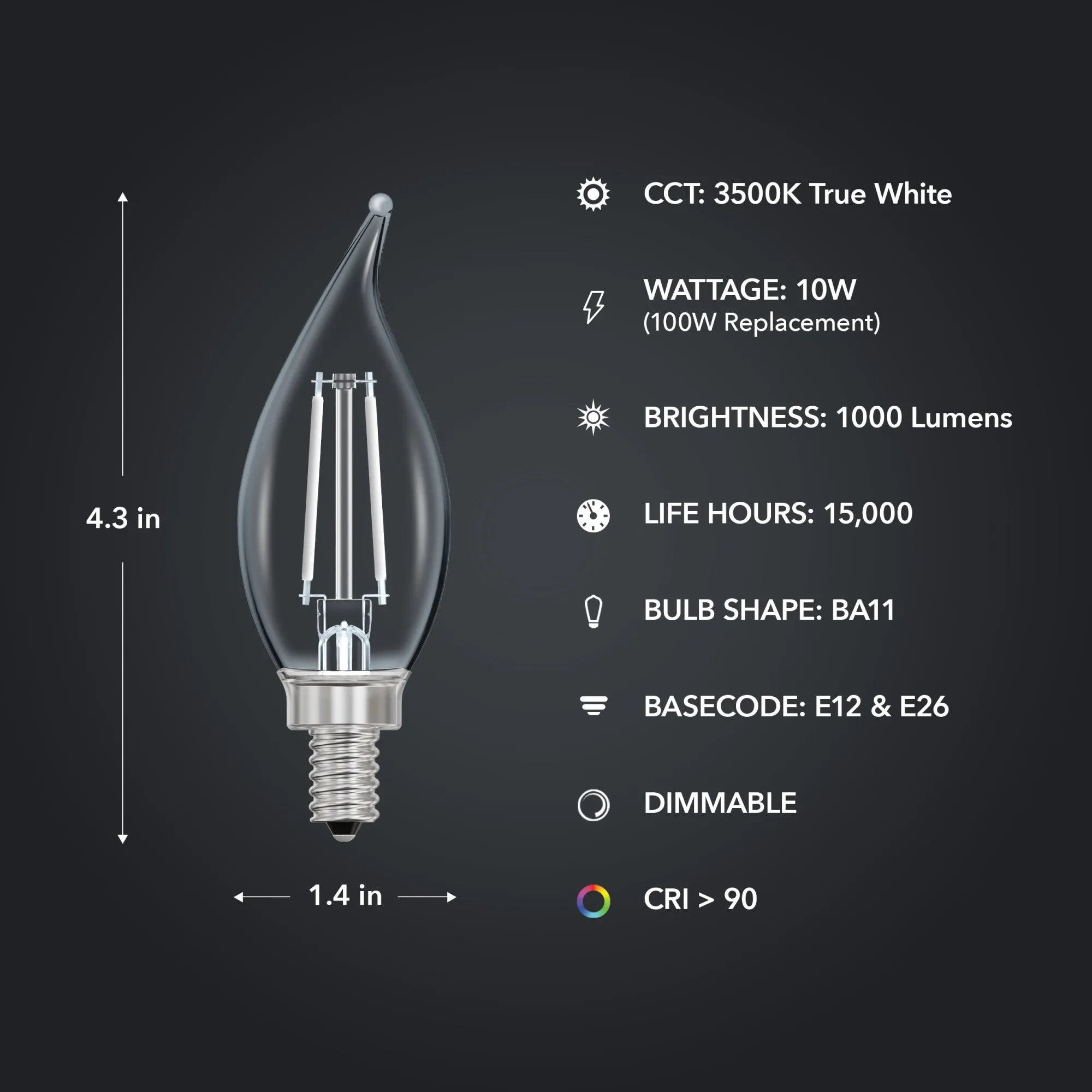 10W (100W Replacement) True White (3500K) E12/E26 Base BA10 Flame Tip White Filament LED Bulb (3-Pack)