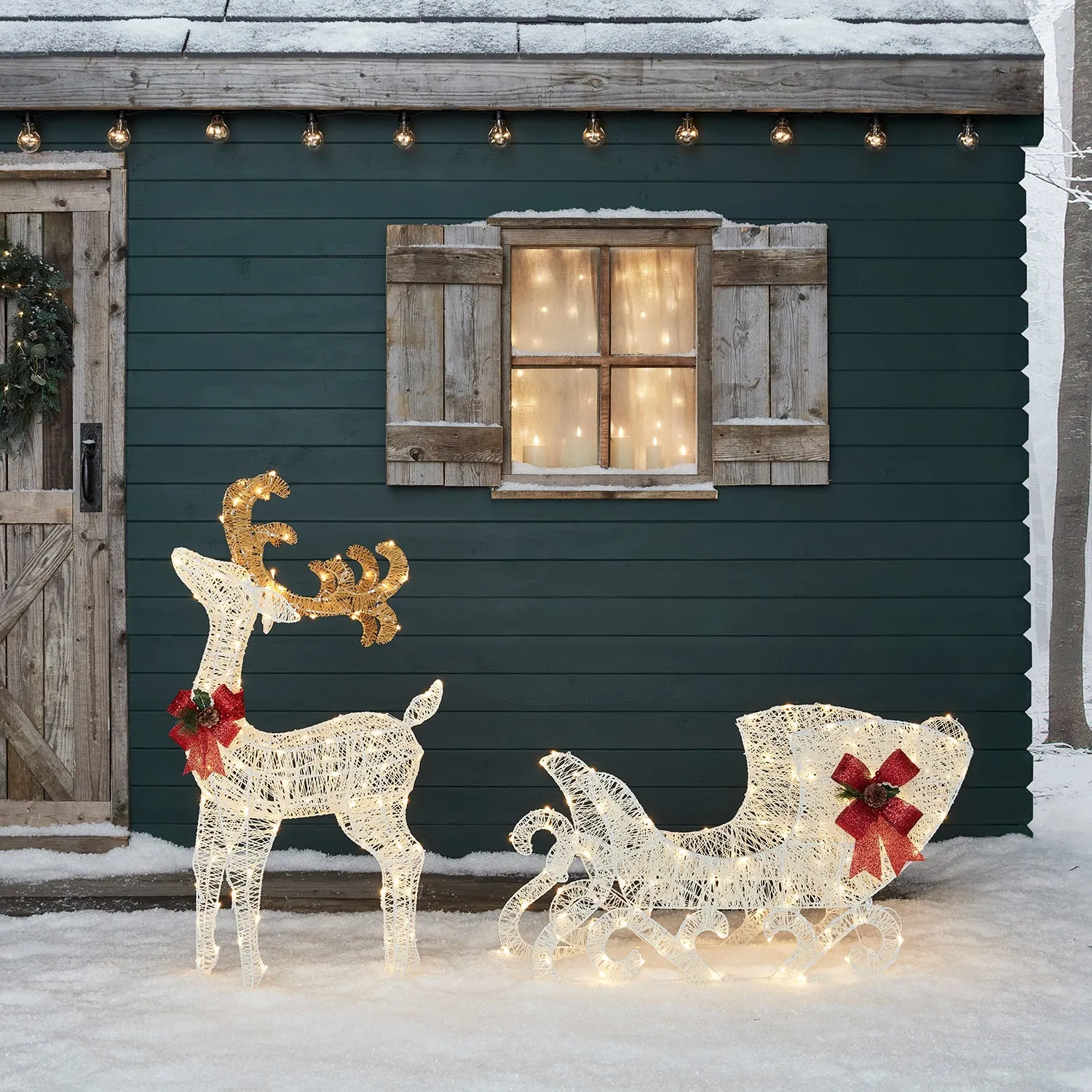 1m Large Harewood Spun Cotton LED Light Up Reindeer & Sleigh