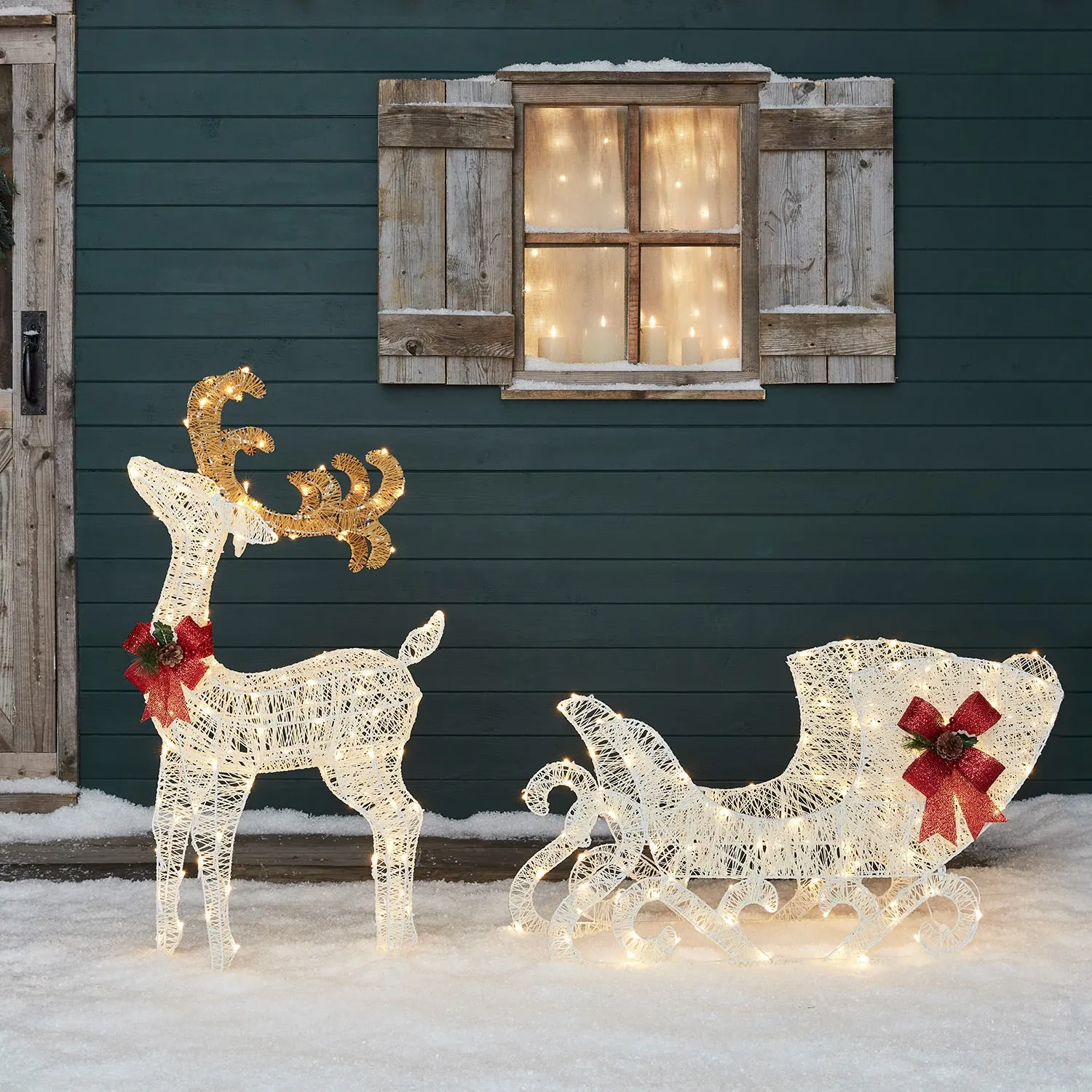 1m Large Harewood Spun Cotton LED Light Up Reindeer & Sleigh