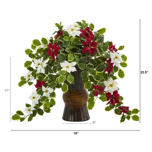 22.5" Poinsettia and Holly Artificial Plant in Decorative Planter (Real Touch)