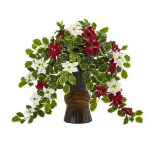 22.5" Poinsettia and Holly Artificial Plant in Decorative Planter (Real Touch)