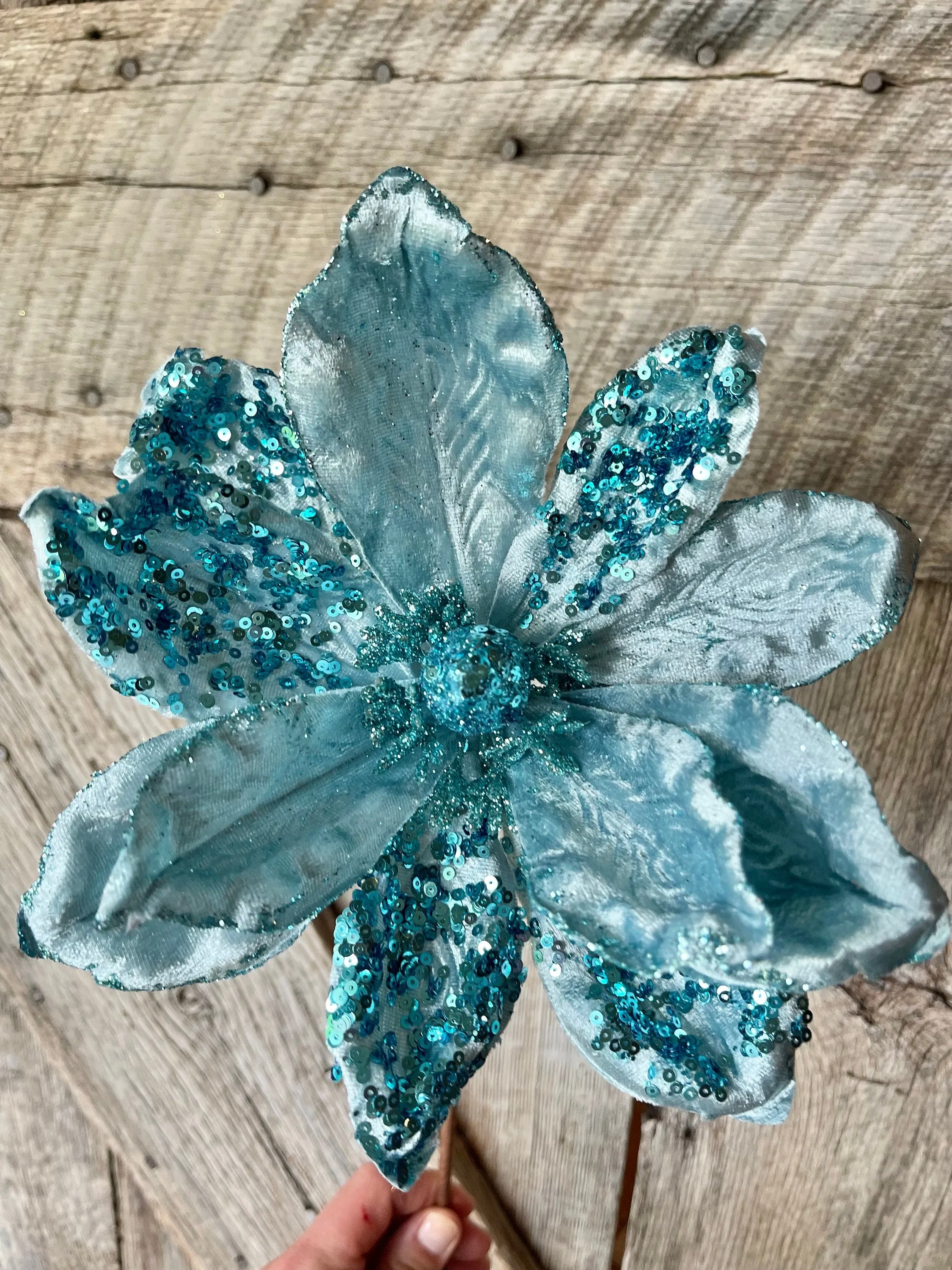 24" Aqua Blue Velvet Sequin Magnolia Stem, jeweled Christmas Spray