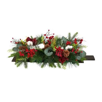 24" Holiday Berries, Pinecones and Eucalyptus Christmas Artificial Arrangement Cutting Board Wall Décor or Table Arrangement