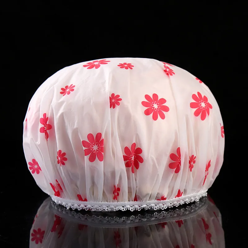 5 PCS Thickened Waterproof Shower Cap with Elegant Matte Print and Lace Trim, HG0023