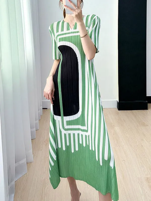 A-Line Loose Pleated Printed V-Neck Midi Dresses