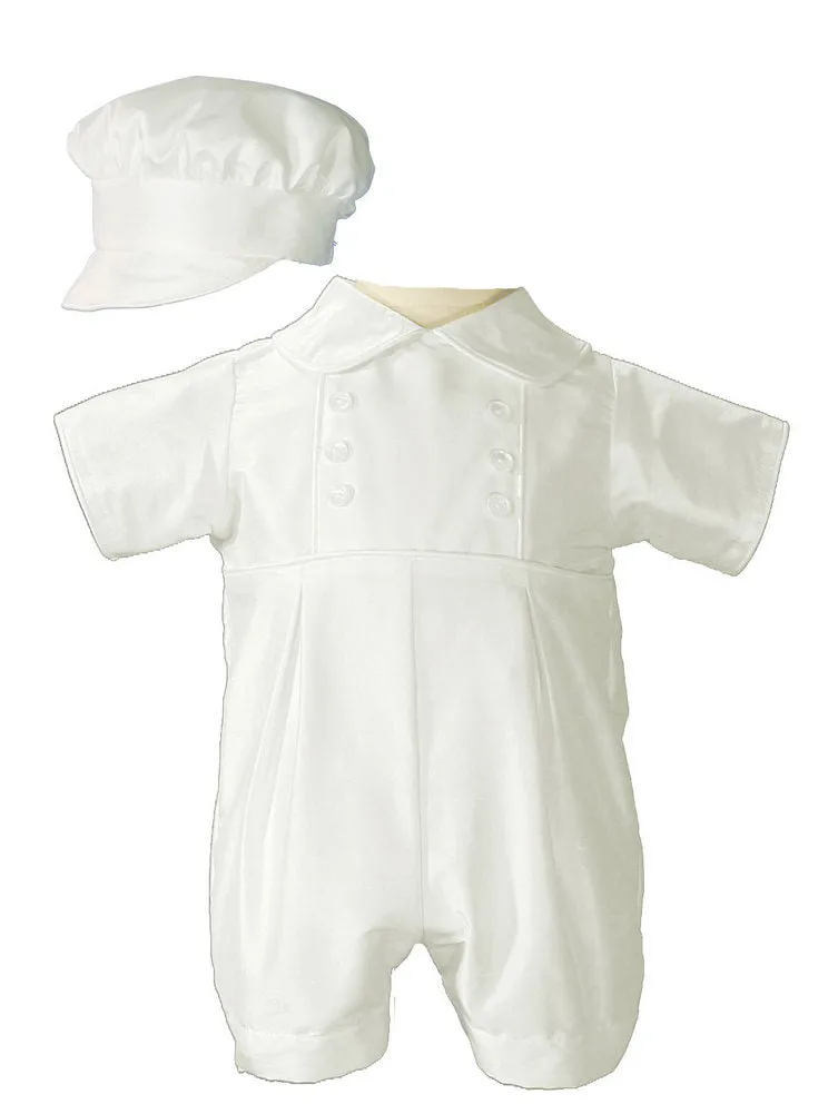 Baby Boys White Off-White Silk Short Sleeve Bonnet Christening Romper 0-24M