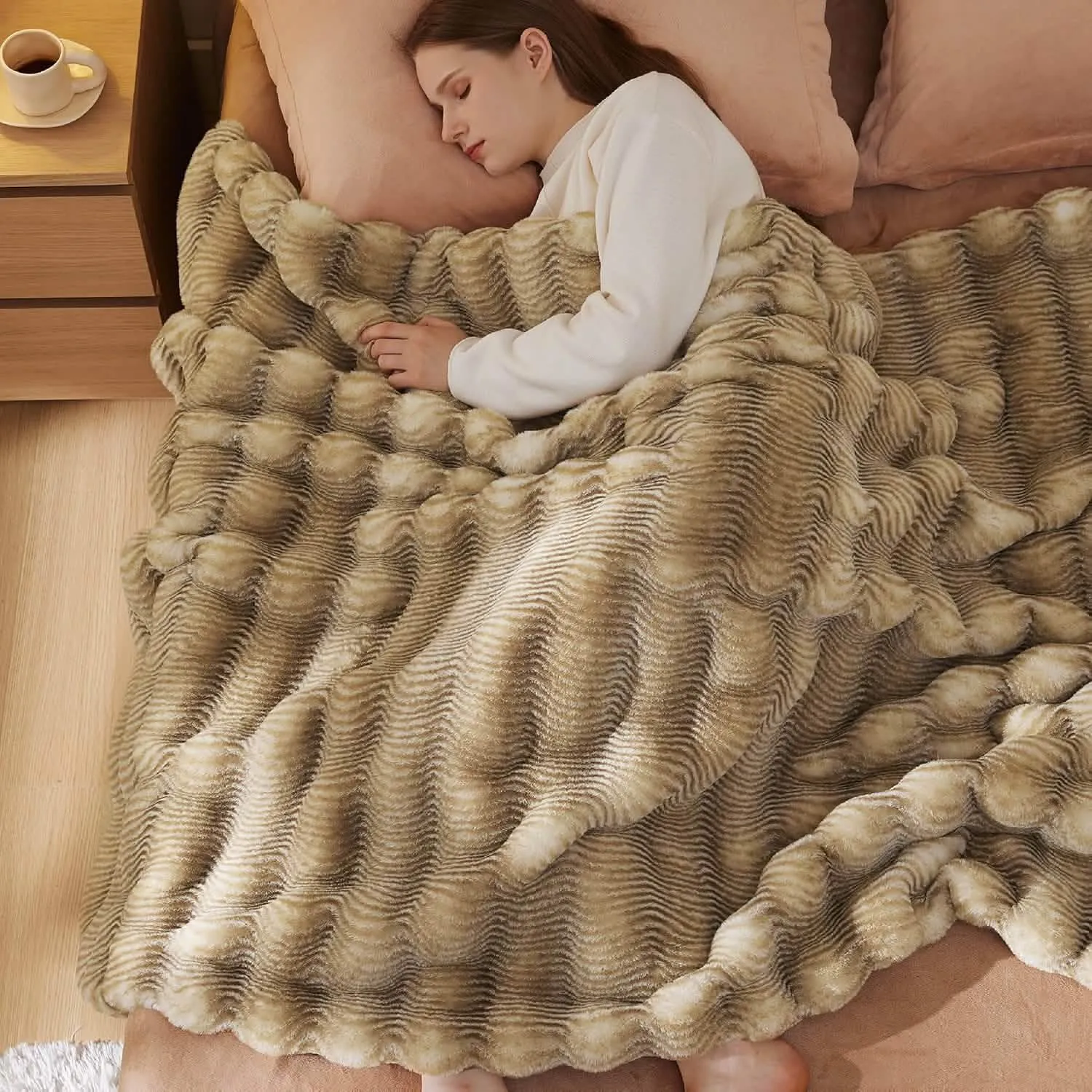 Bedsure Fluffy Striped Faux Fur Blanket Beige