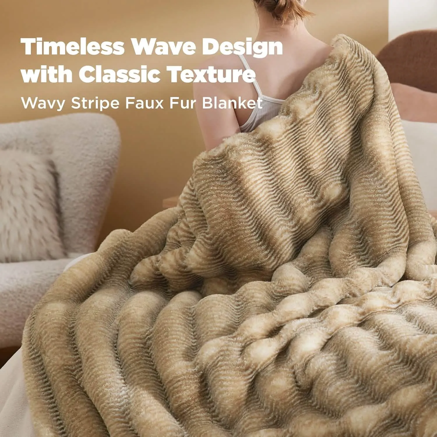 Bedsure Fluffy Striped Faux Fur Blanket Beige