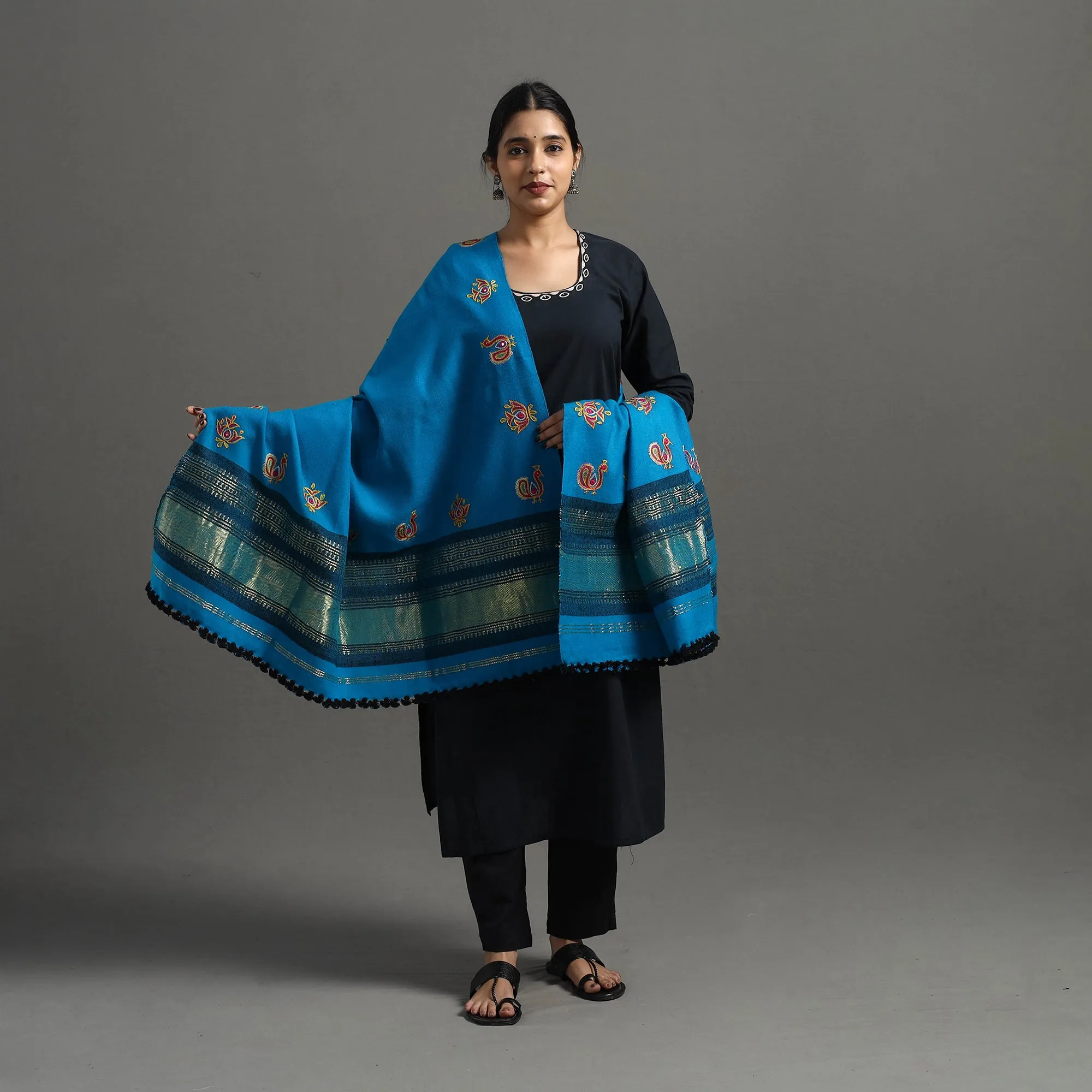 Blue - Kutch Ahir Hand Embroidery Woollen Shawl 49