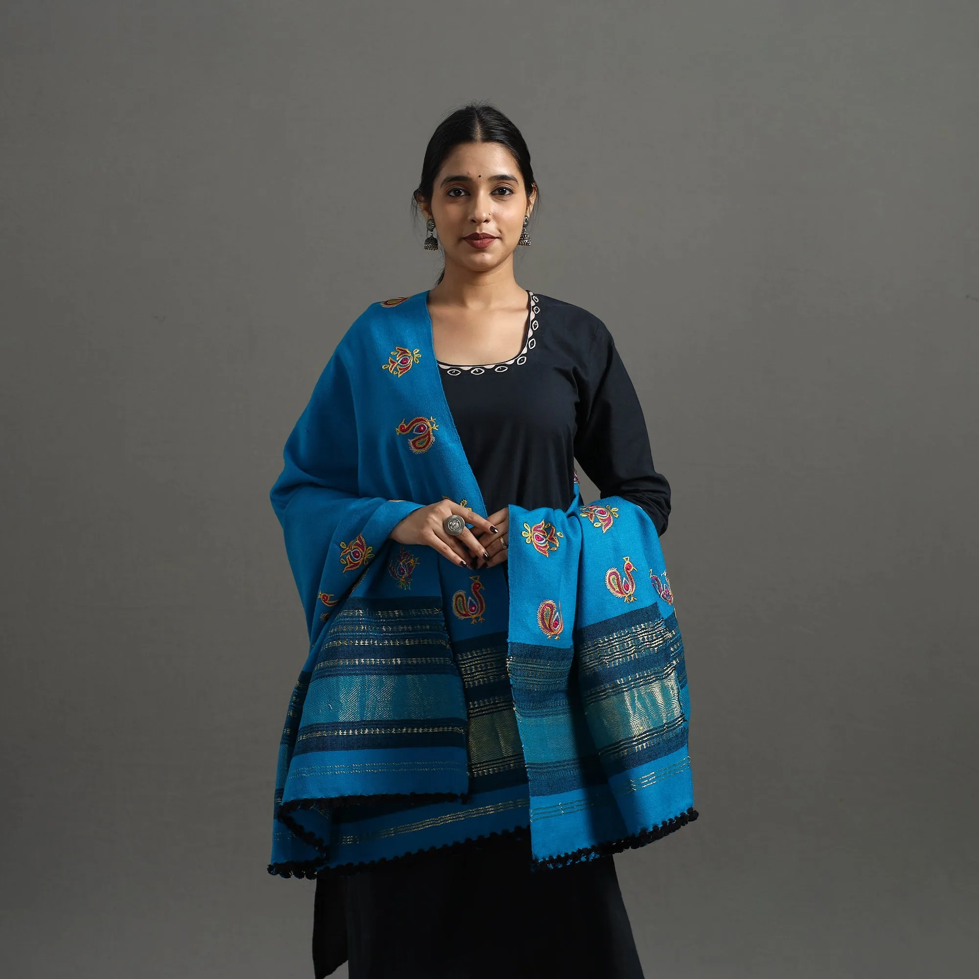 Blue - Kutch Ahir Hand Embroidery Woollen Shawl 49