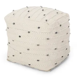 Boho Handcrafted Fabric Cube Pouf, Ivory and Blue - NH123413