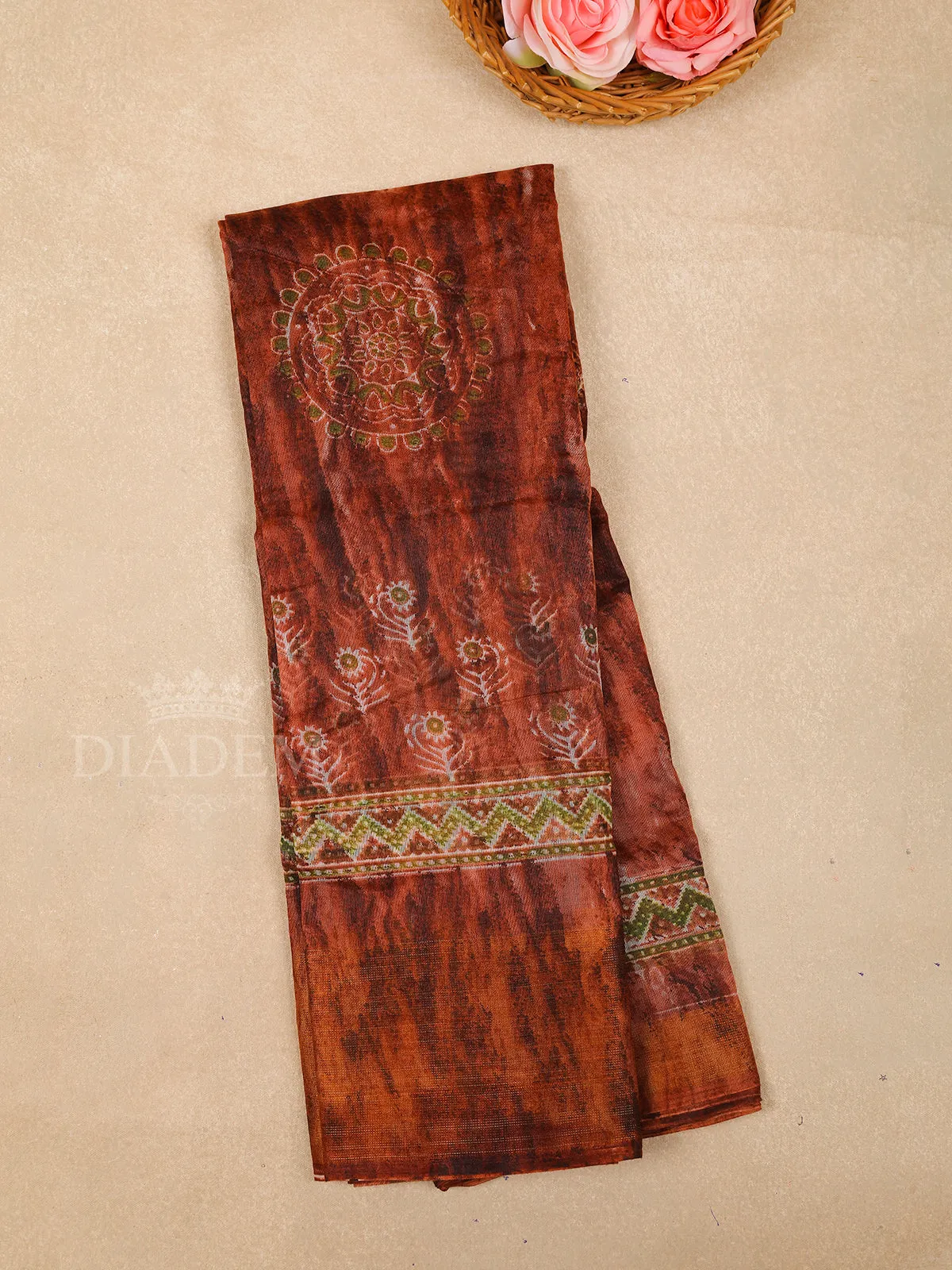 Brown Cotton Saree With Leaf Patterns On the Body with Broad and Small Border