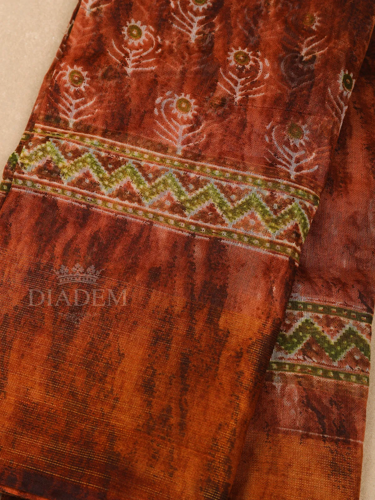 Brown Cotton Saree With Leaf Patterns On the Body with Broad and Small Border