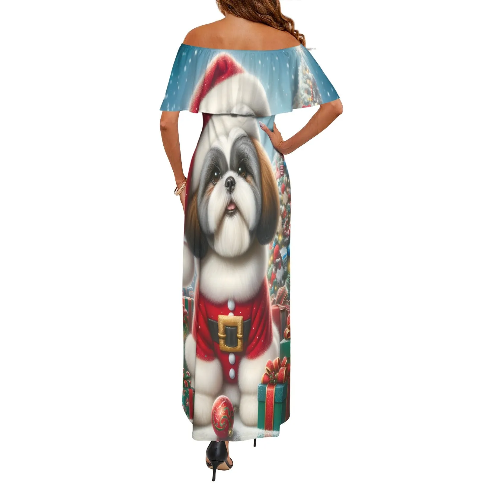 Christmas Puppy awd02 Women's Off Shoulder Ruffle Boat Neck Dress (Model D71)