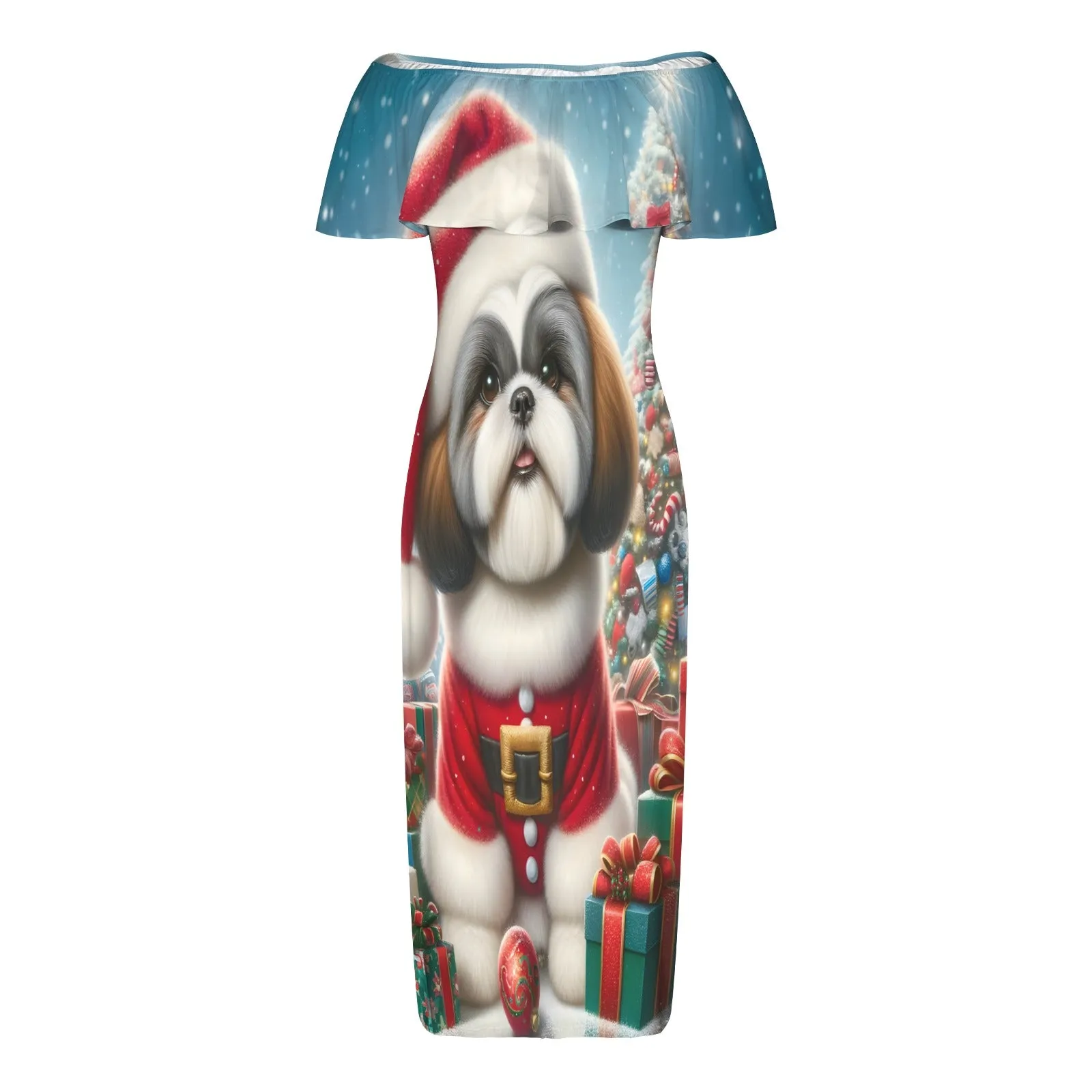 Christmas Puppy awd02 Women's Off Shoulder Ruffle Boat Neck Dress (Model D71)