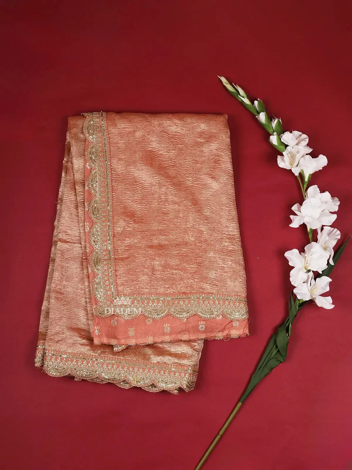 Coral Organza Saree with Plain Body and Embroidery Border