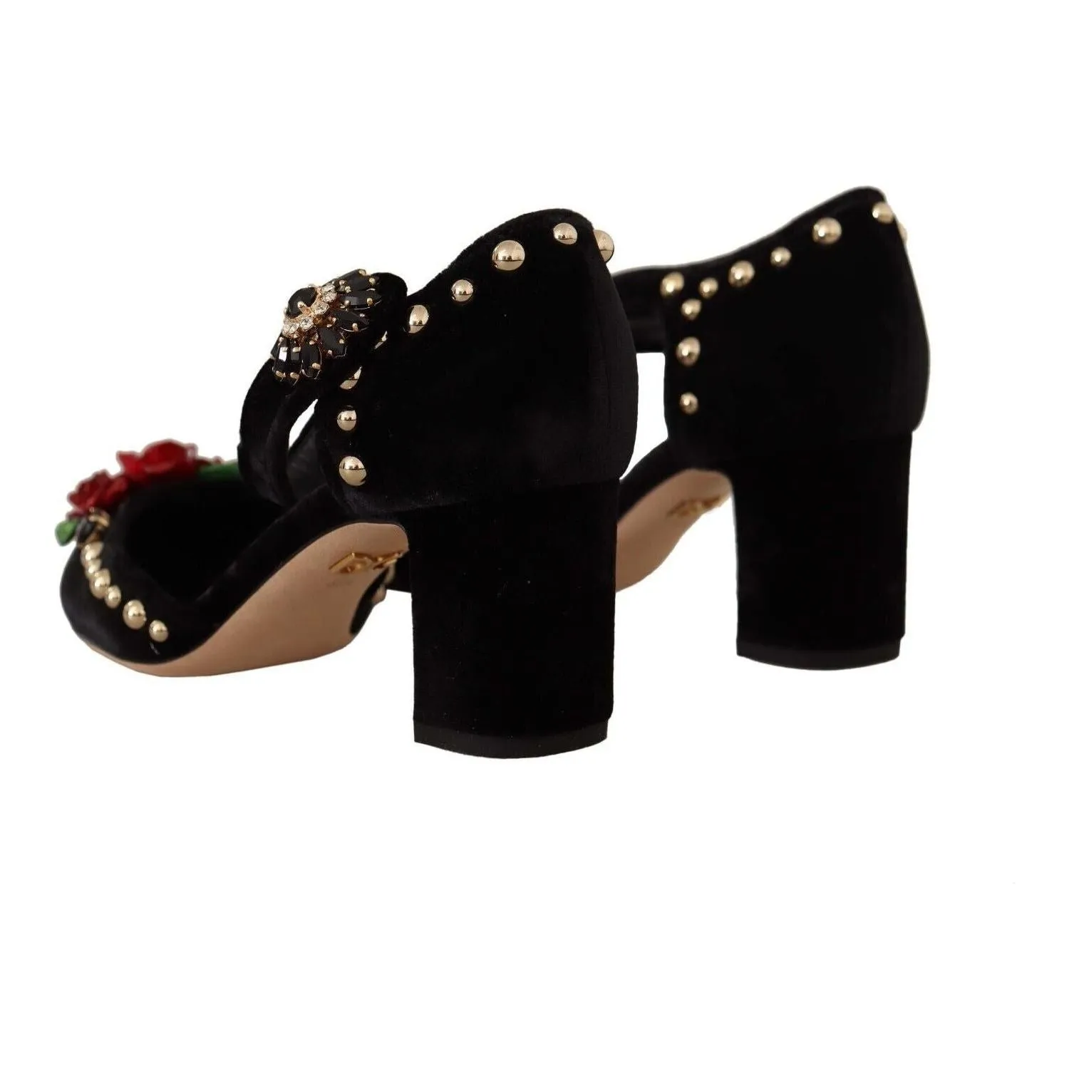 Dolce & Gabbana Black Crystal Rose Heel Sandals