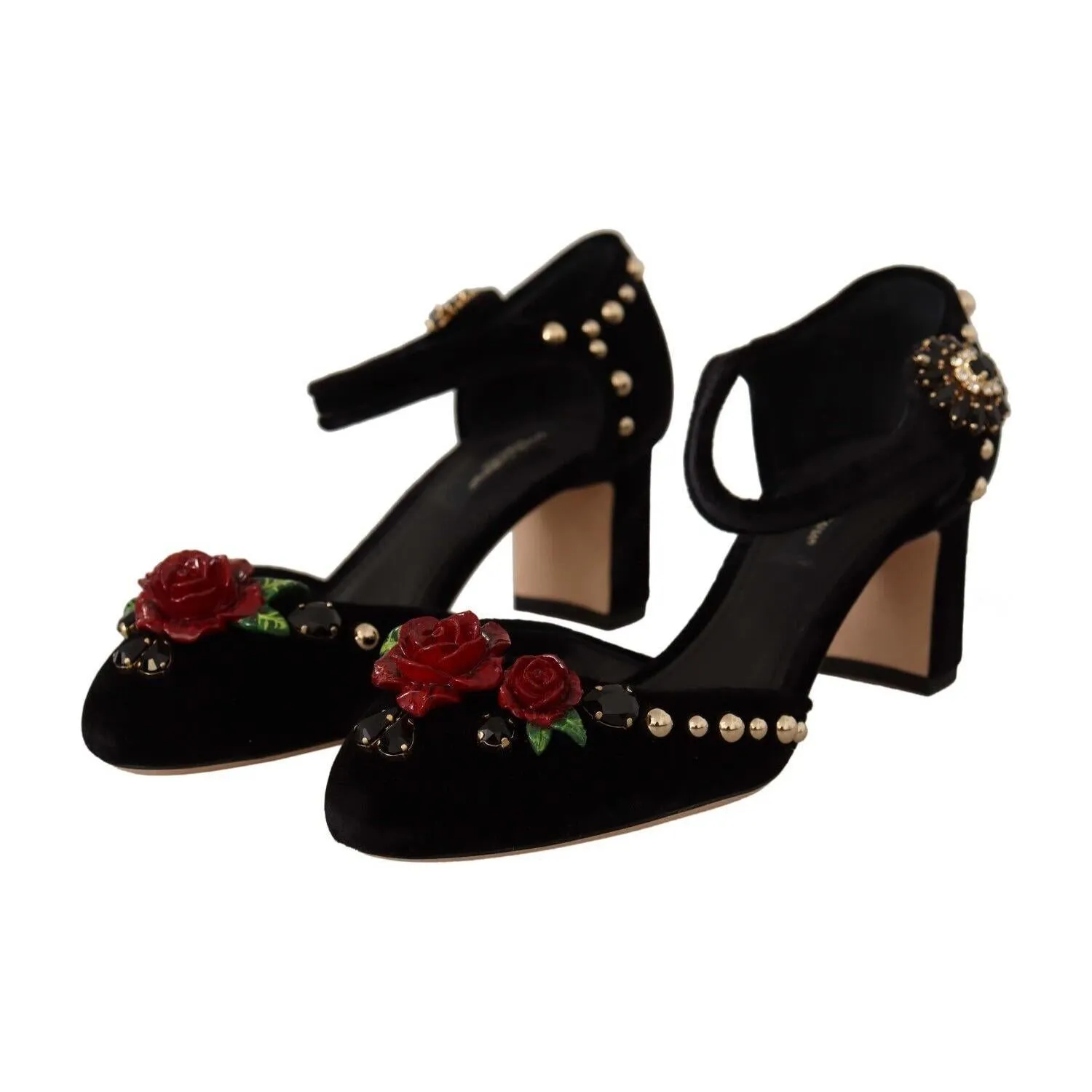 Dolce & Gabbana Black Crystal Rose Heel Sandals