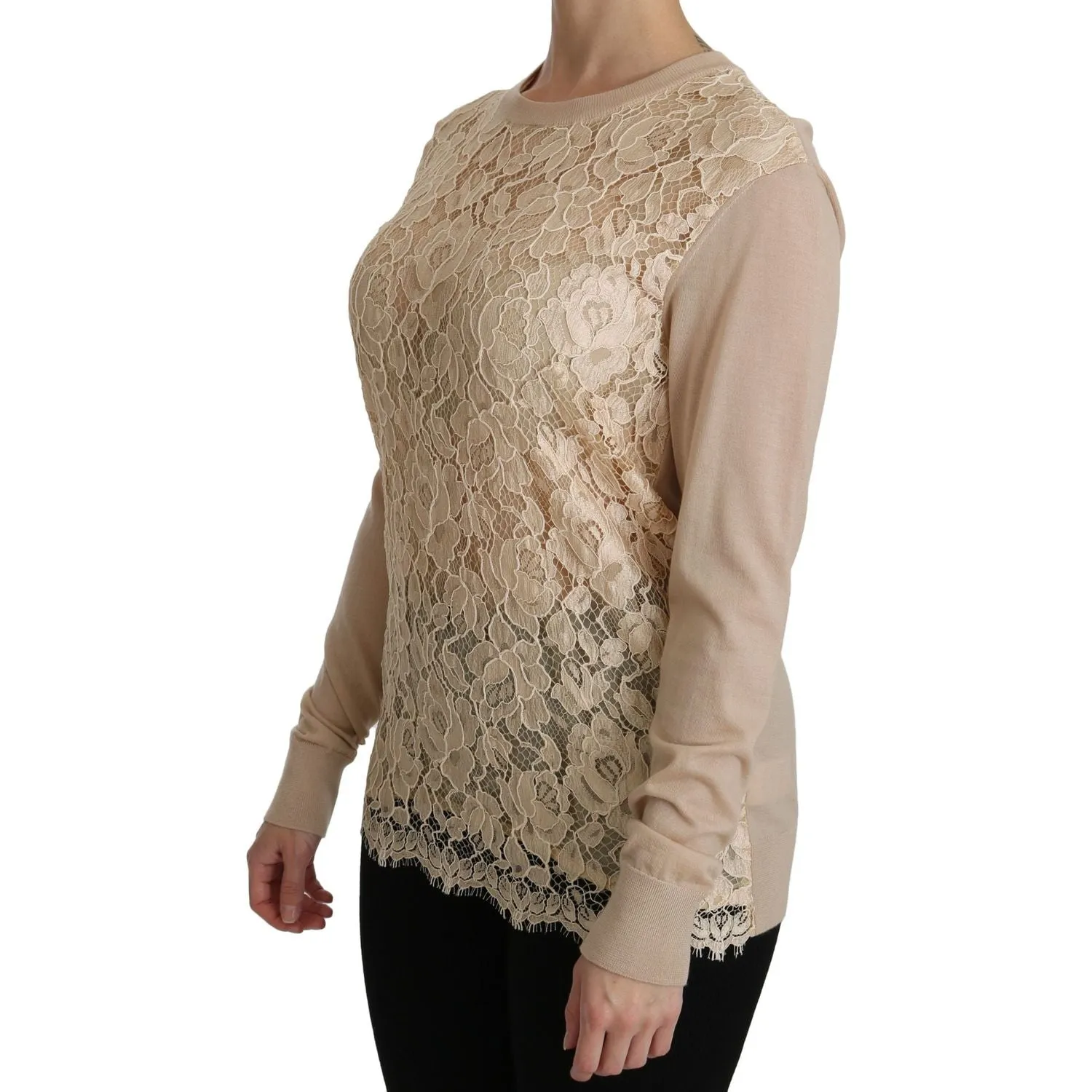 Dolce & Gabbana Elegant Beige Lace Crew Neck Cashmere Blouse