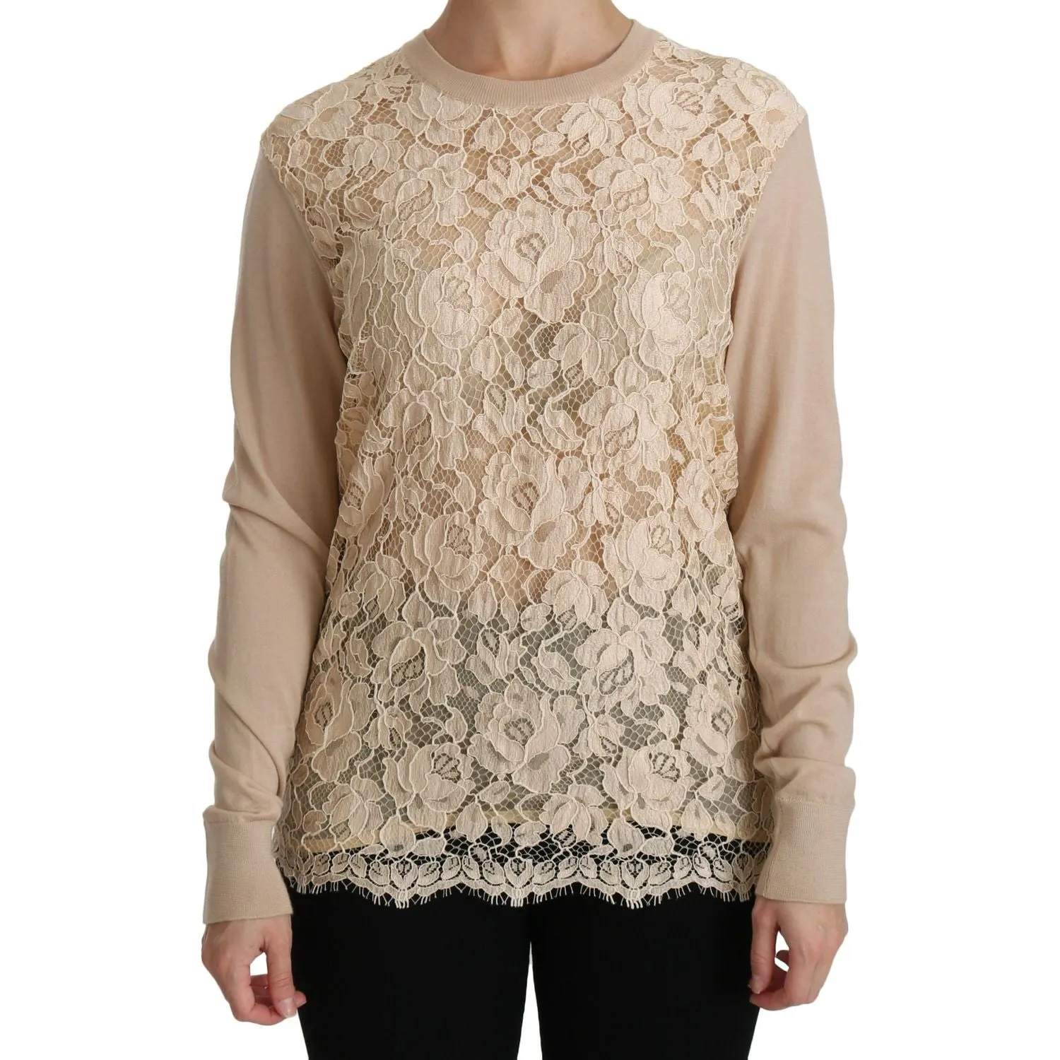 Dolce & Gabbana Elegant Beige Lace Crew Neck Cashmere Blouse