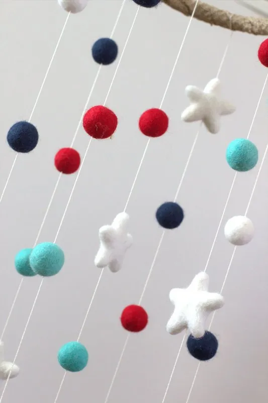 Felt Ball & Star Nursery Mobile- Navy, Red, Turquoise- SMALL