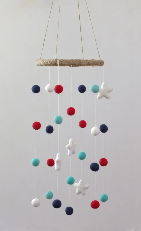 Felt Ball & Star Nursery Mobile- Navy, Red, Turquoise- SMALL