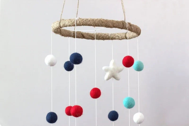 Felt Ball & Star Nursery Mobile- Navy, Red, Turquoise- SMALL