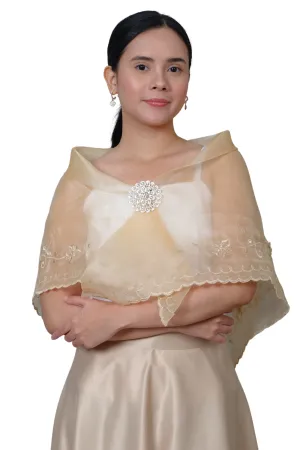 Filipiniana Organza Premium Beige Alampay with Brooch - Hannah JK20B