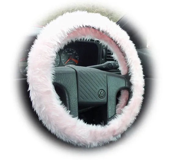 Fluffy Baby Pink Car Steering wheel cover & matching fuzzy faux fur seatbelt pad set