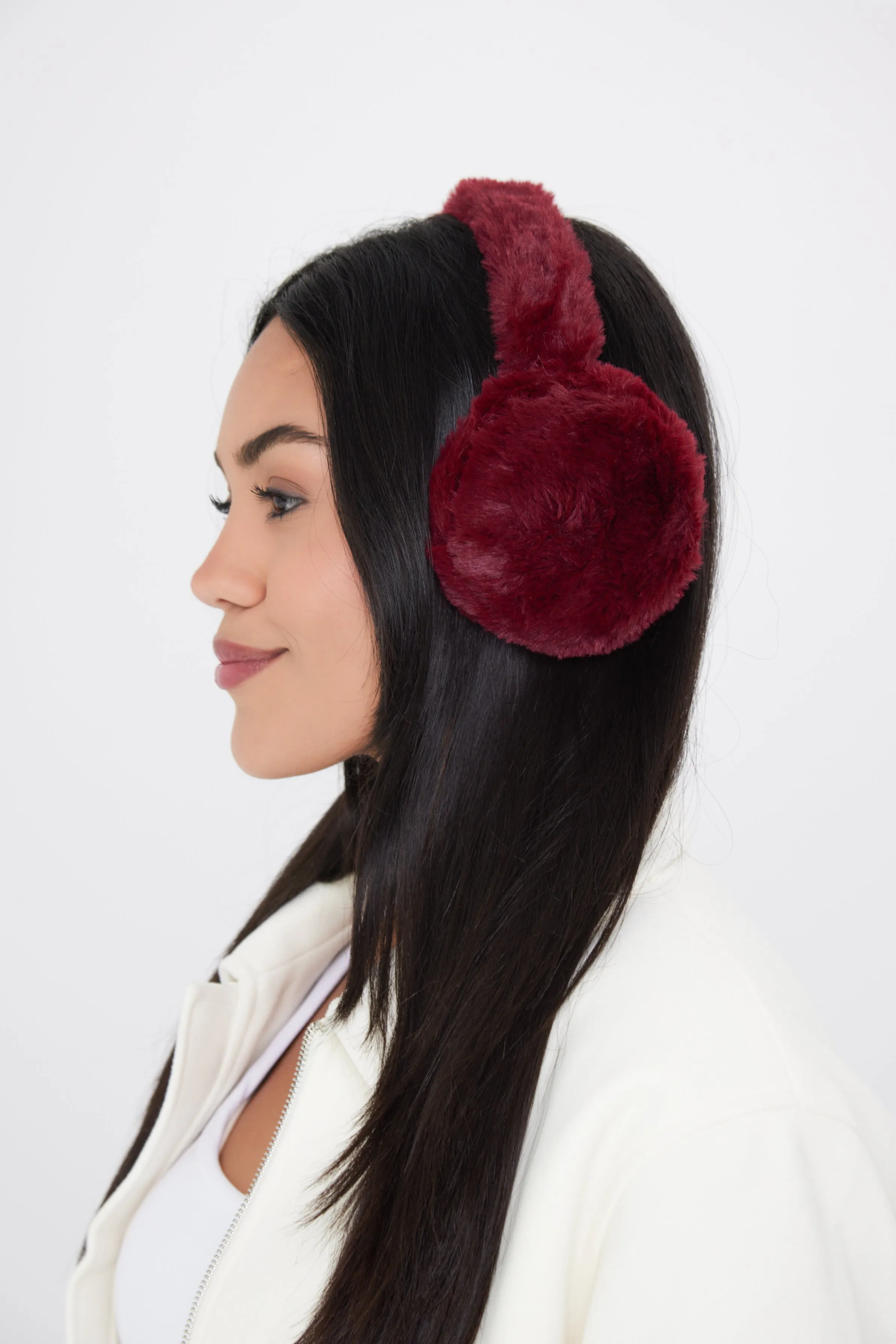 Fluffy Faux-Fur Earmuffs in  Burgundy Red