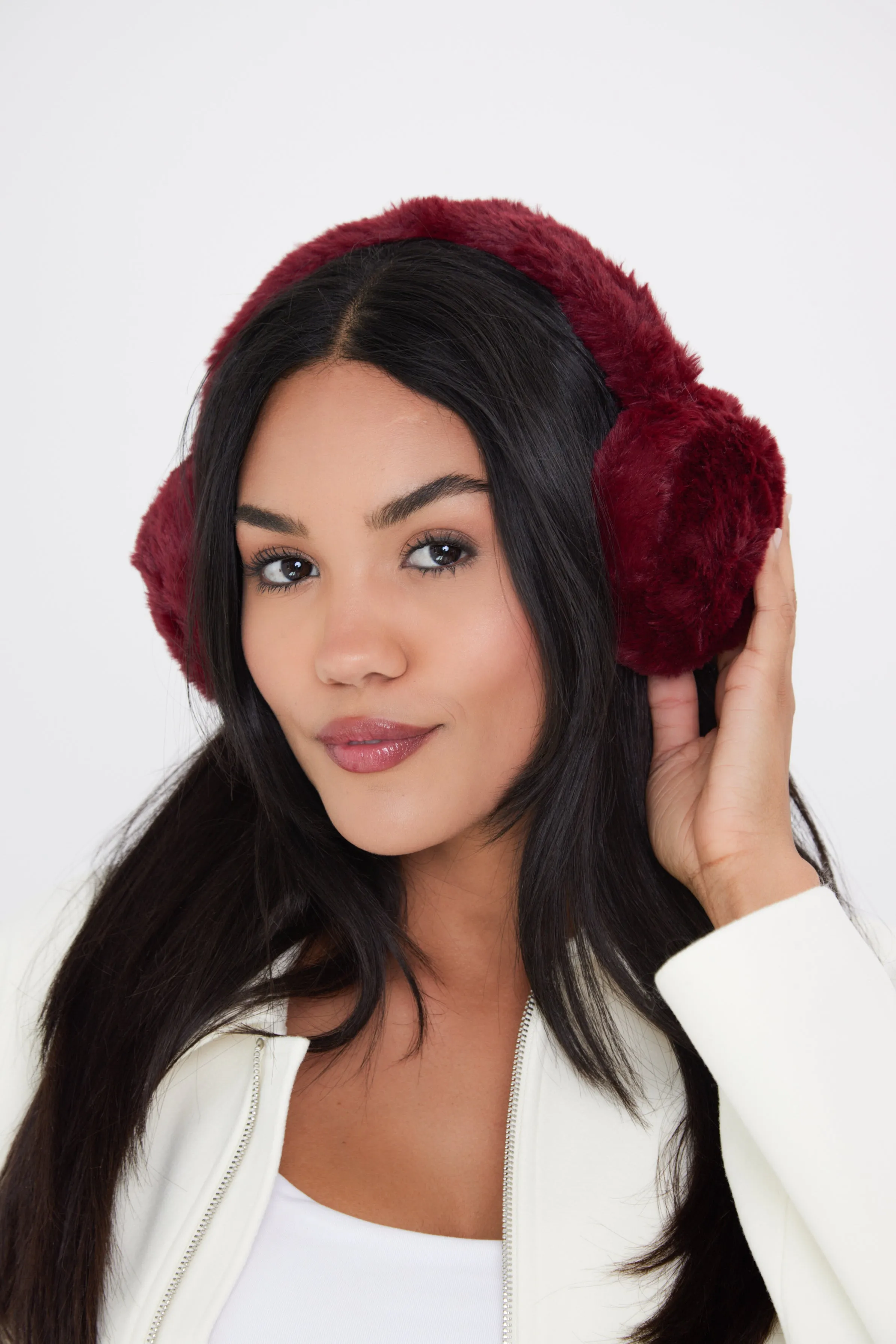 Fluffy Faux-Fur Earmuffs in  Burgundy Red