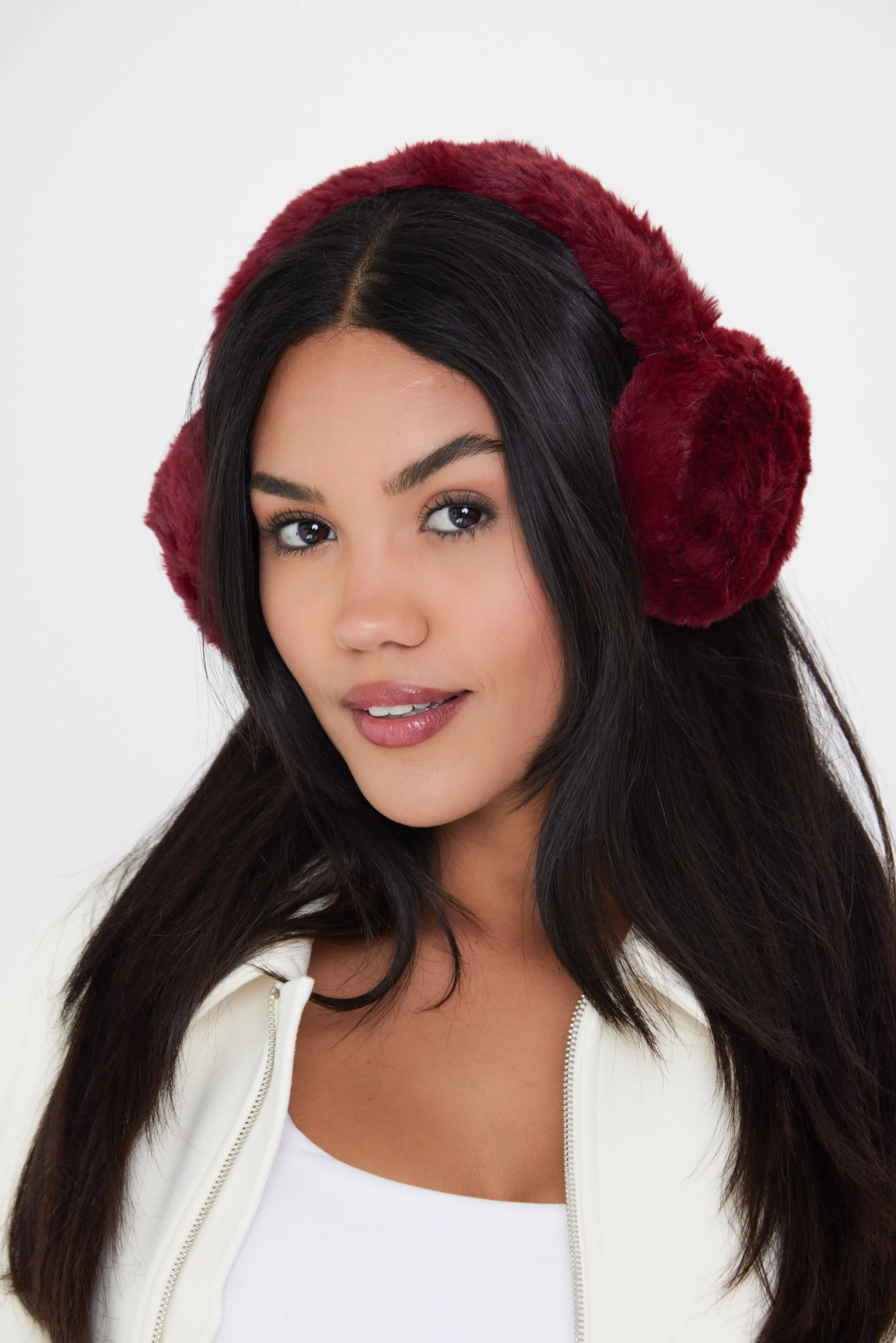 Fluffy Faux-Fur Earmuffs in  Burgundy Red