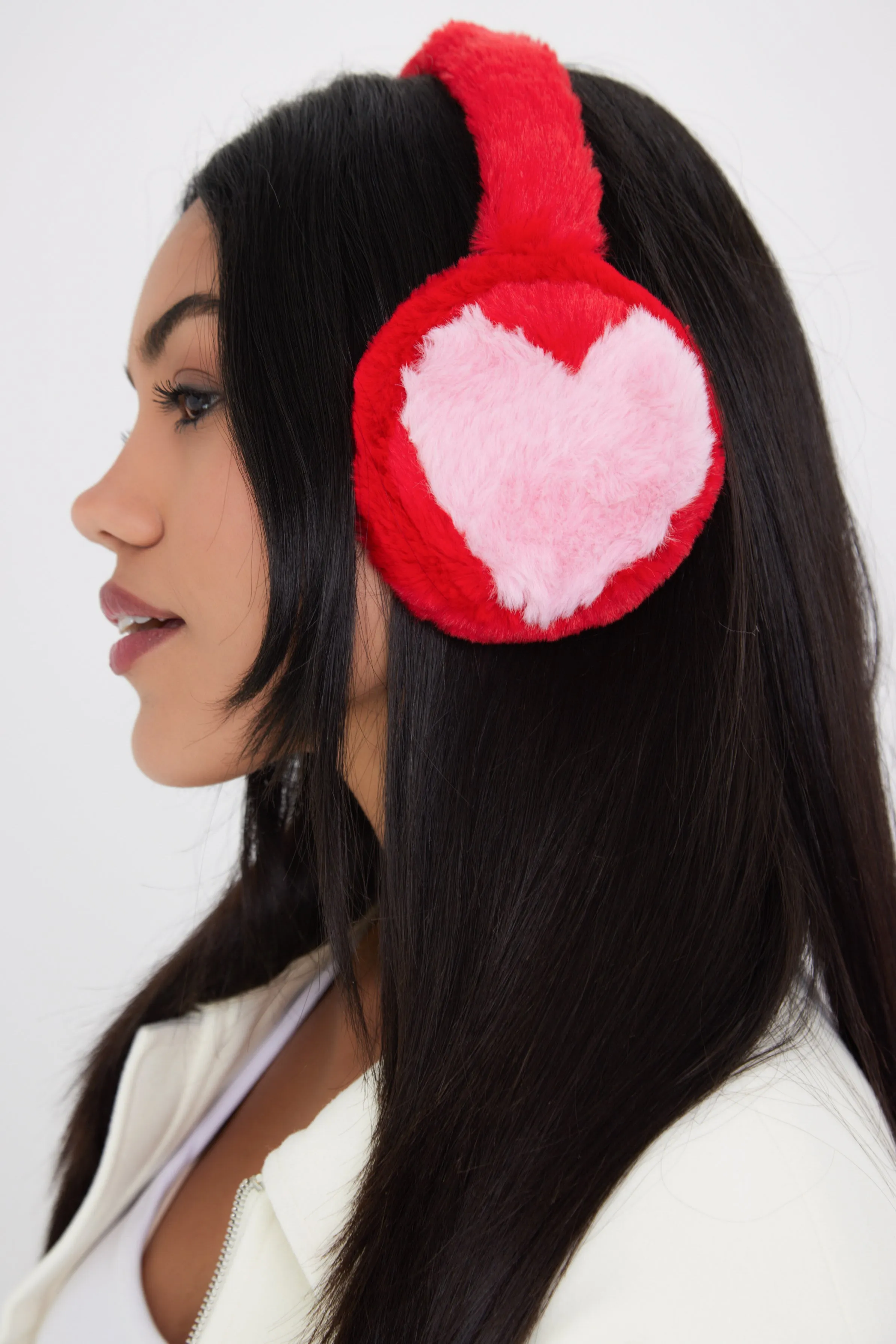 Fluffy Faux-Fur Earmuffs with Hearts in Red