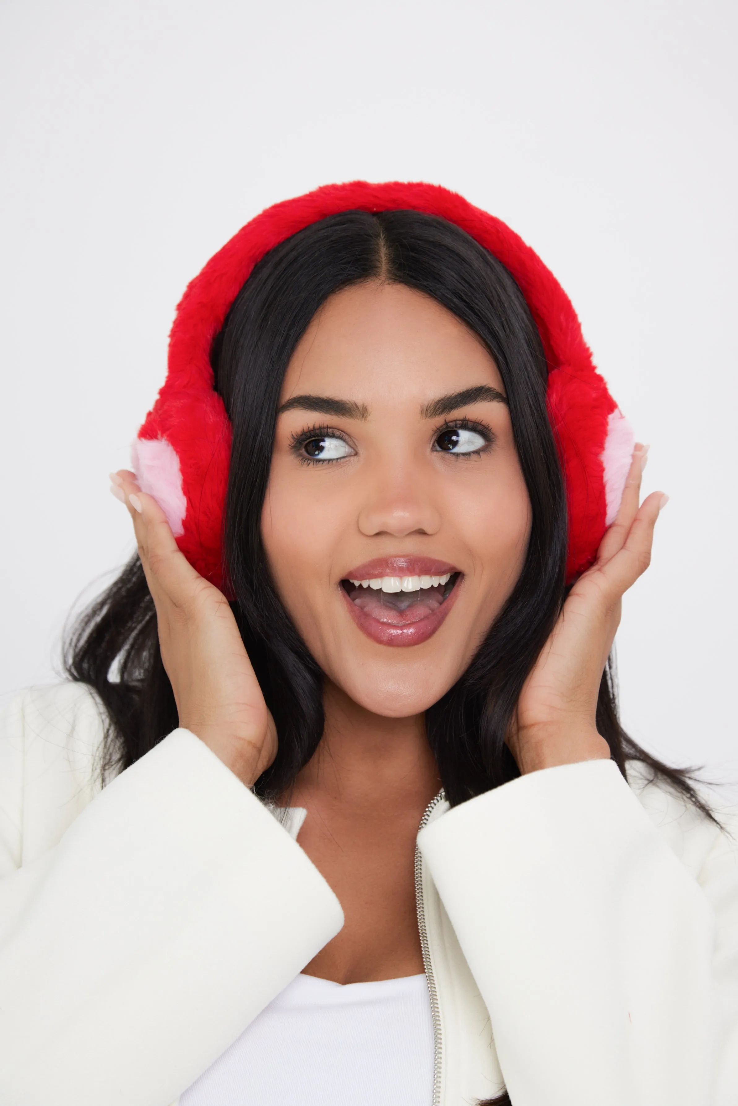 Fluffy Faux-Fur Earmuffs with Hearts in Red