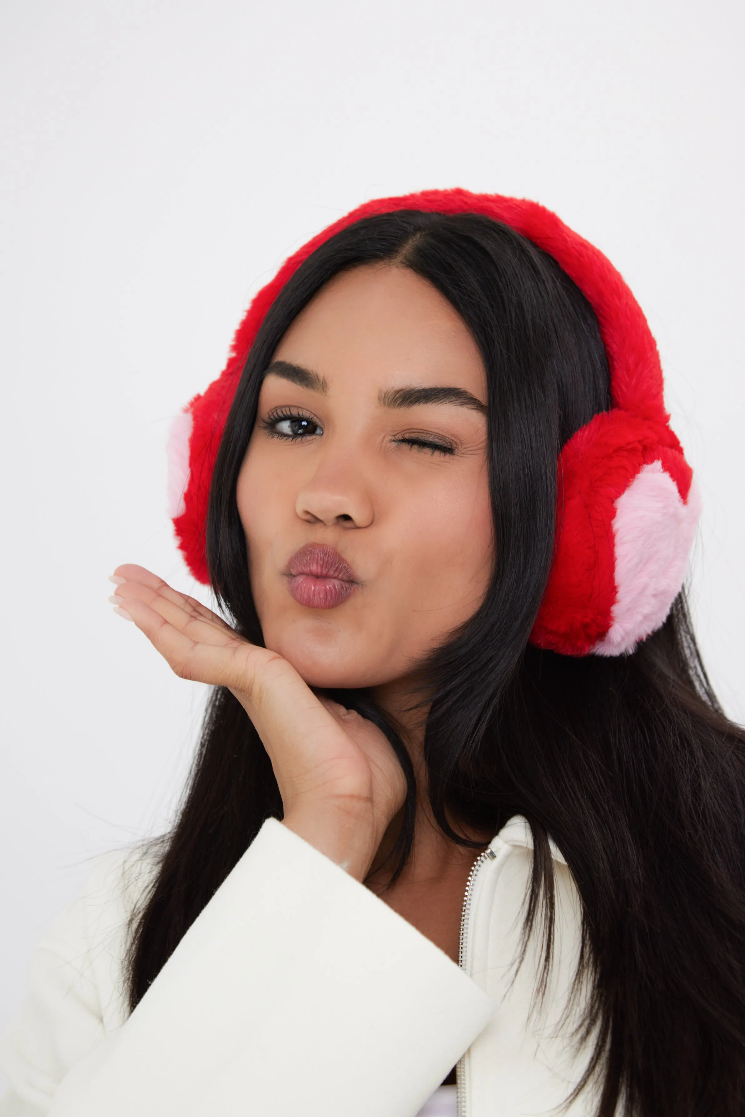 Fluffy Faux-Fur Earmuffs with Hearts in Red