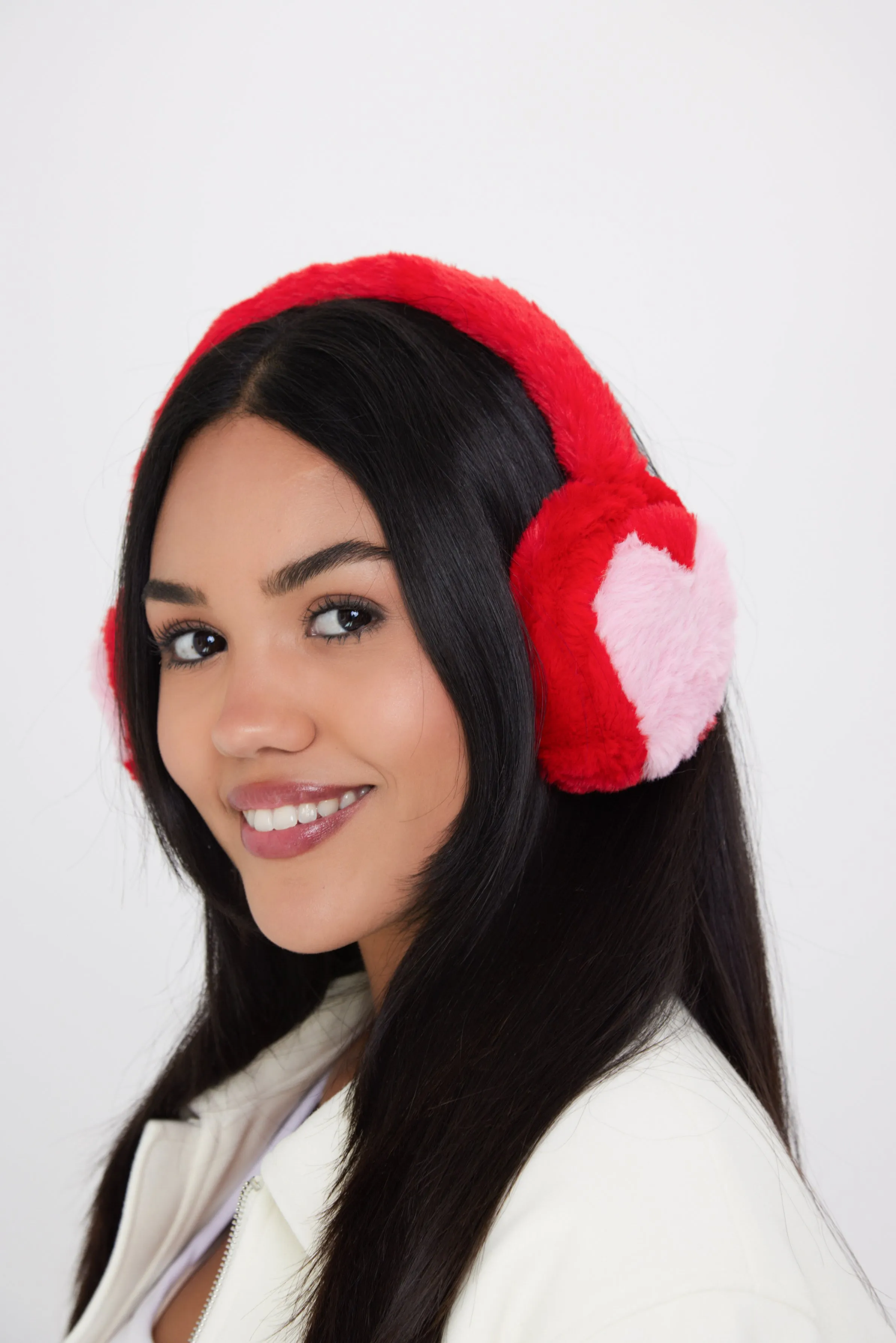 Fluffy Faux-Fur Earmuffs with Hearts in Red