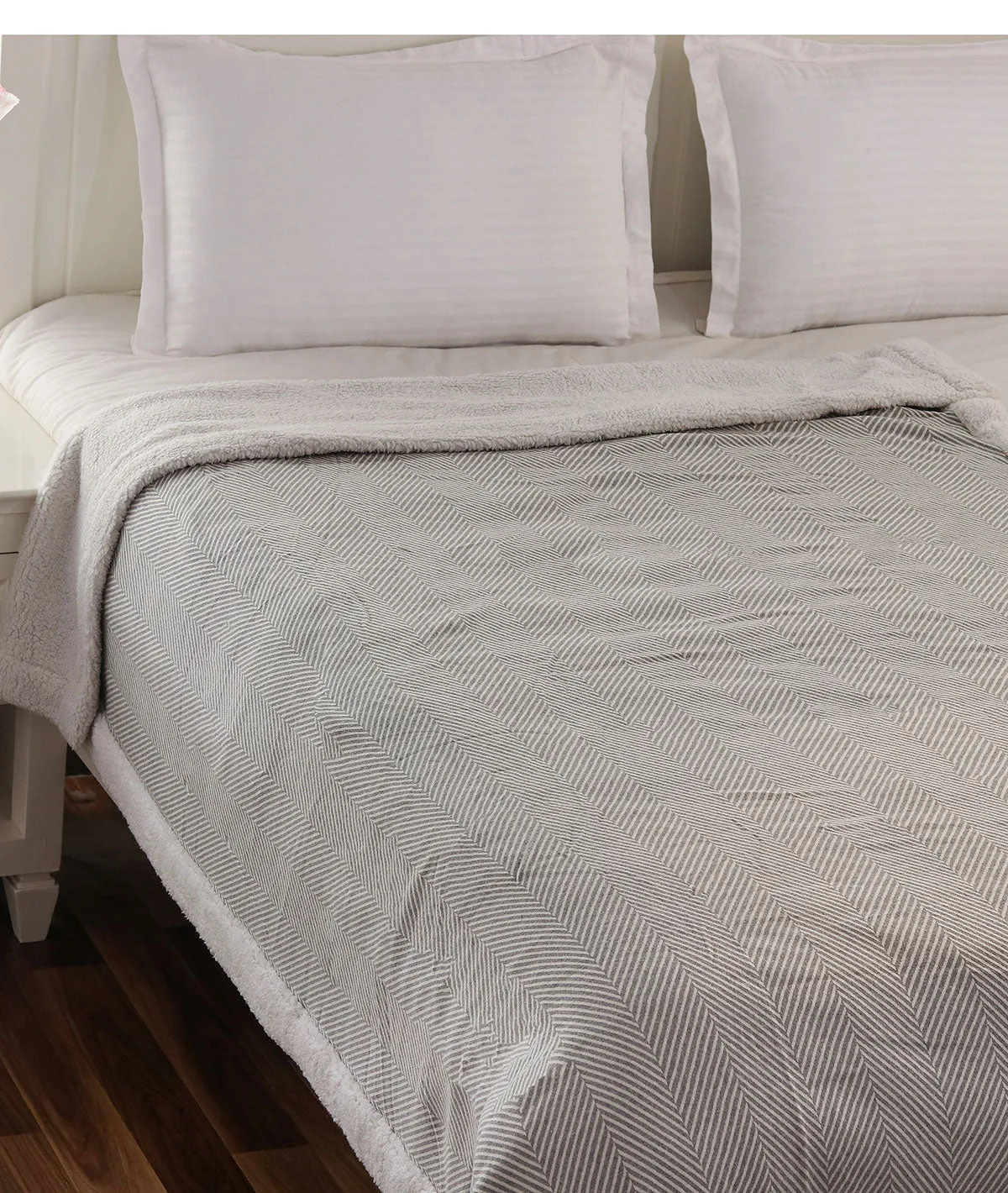 Herringbone -  Lt. Grey Mel. & Natural Cotton Knitted Single Bed Blanket layered with Warm Sherpa Fabric