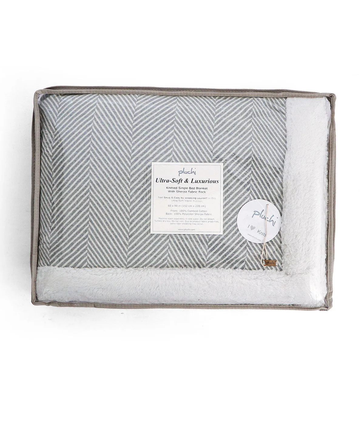 Herringbone -  Lt. Grey Mel. & Natural Cotton Knitted Single Bed Blanket layered with Warm Sherpa Fabric