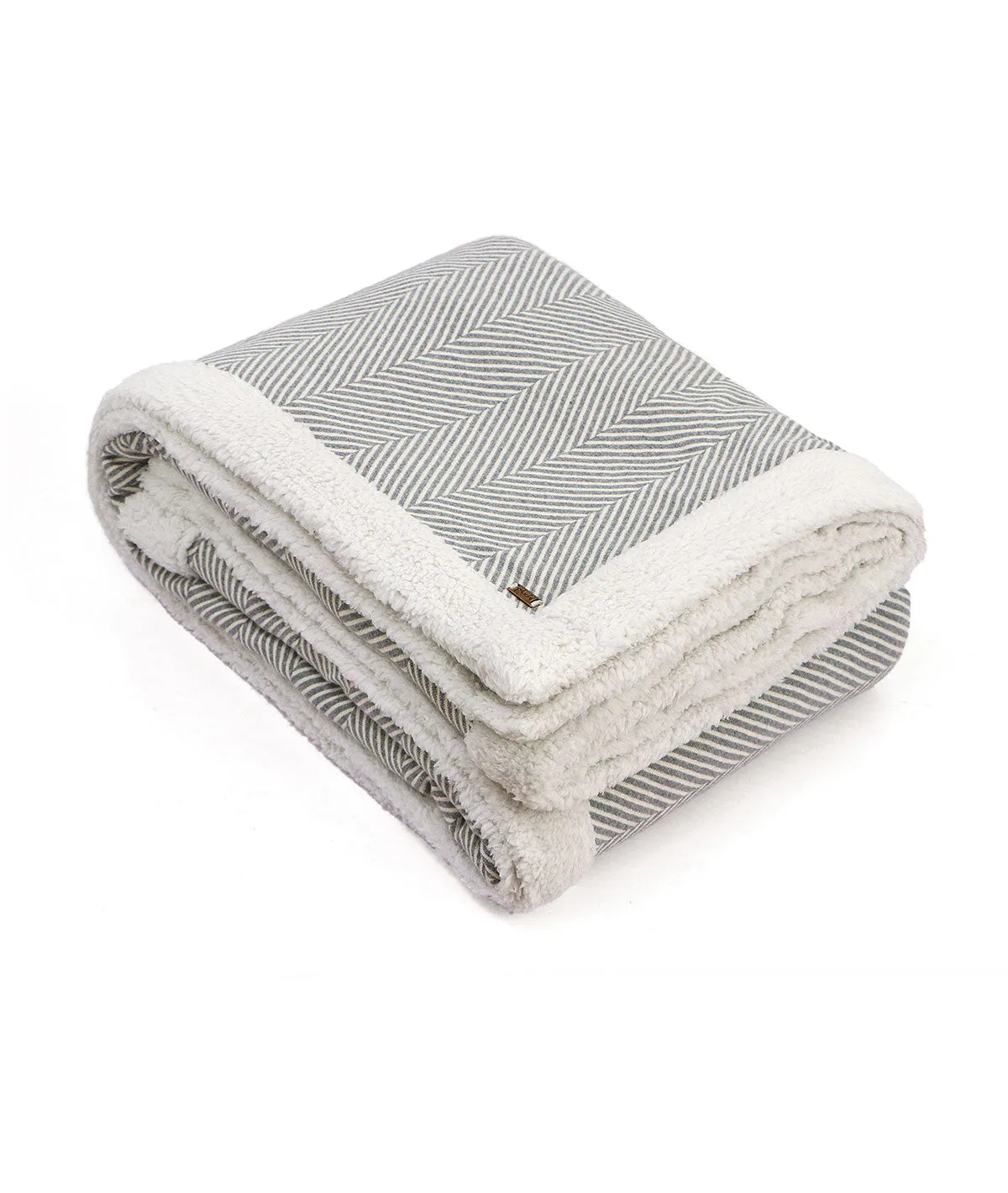 Herringbone -  Lt. Grey Mel. & Natural Cotton Knitted Single Bed Blanket layered with Warm Sherpa Fabric