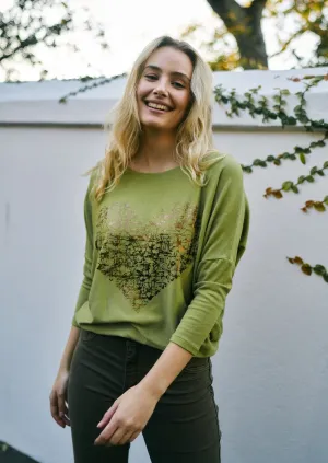 Italian V Neck Viscose Knit With Foil Heart in Green