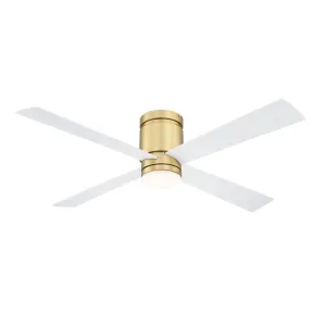 Kwartet 52 Inch Brushed Brass Damp Rated Hugger Ceiling Fan with CCT Light Kit and Remote