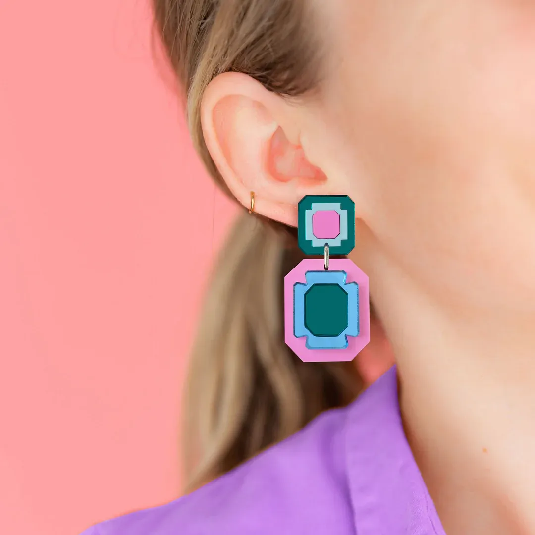 Large Gem Drop Earrings - Blue & Pink