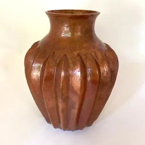 Handcrafted Large Hammered Copper Vase with Ribbed Design