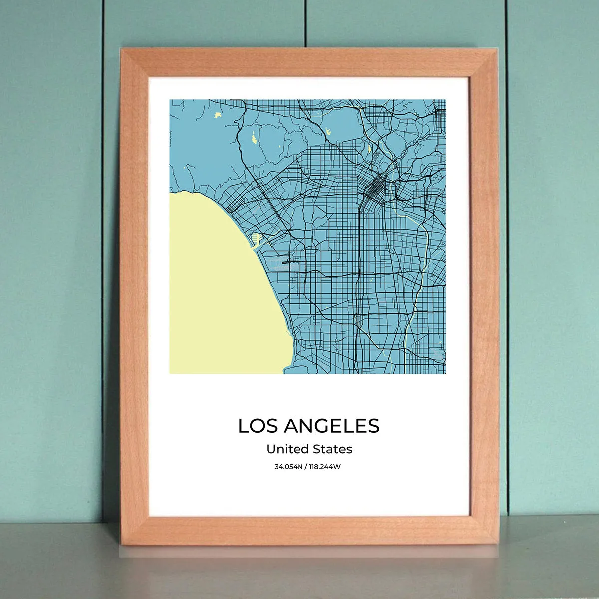 Los Angeles City Map Wall Art Poster with Wooden Frame