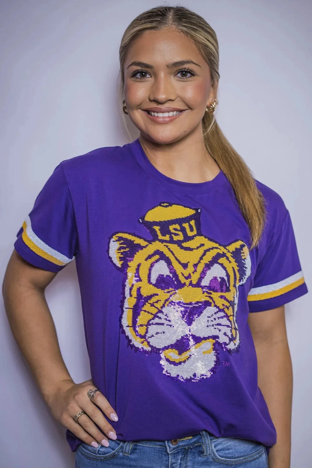 LSU Tigers Women's Sequin Design Mike the Tiger Top with Stripes