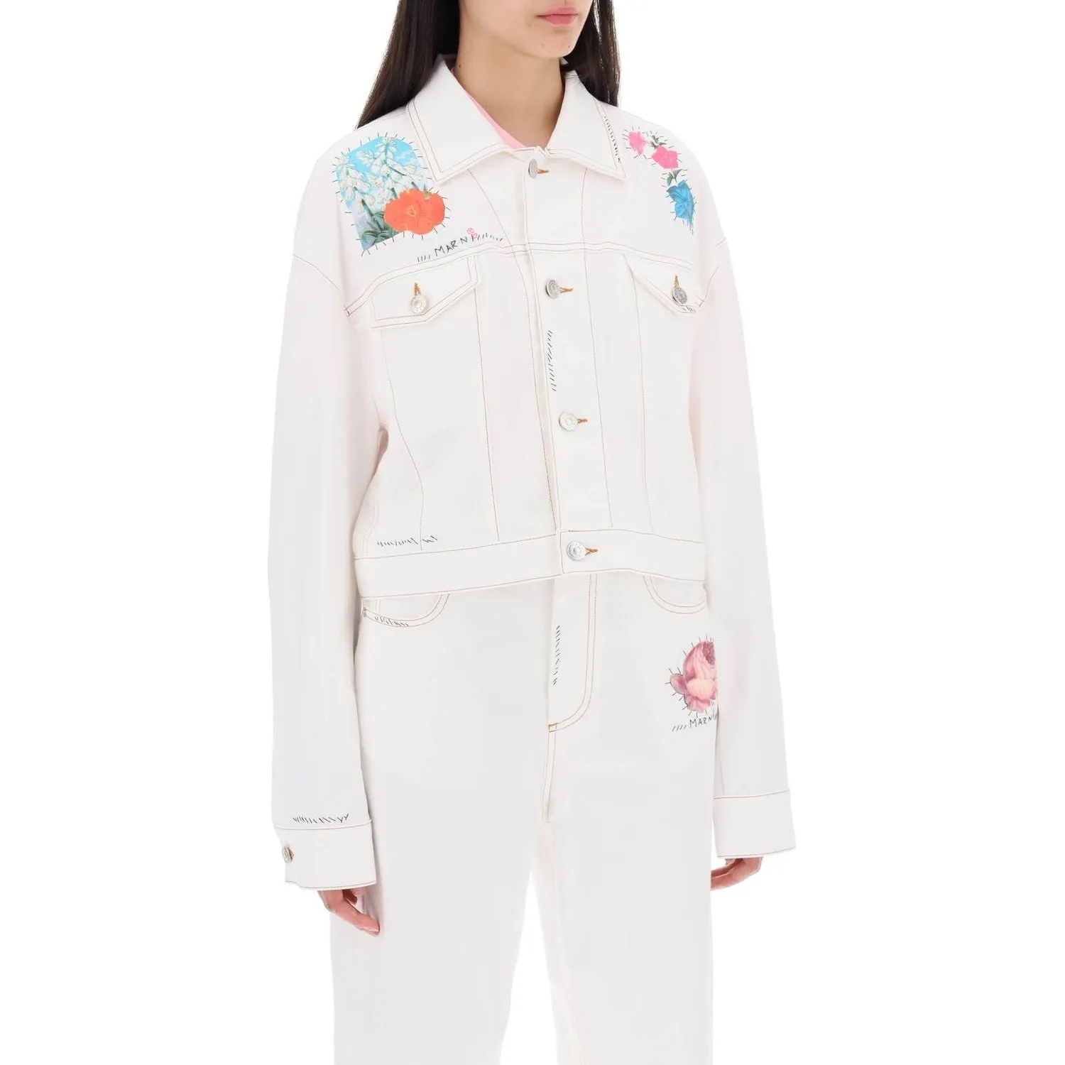 Marni "cropped denim jacket with flower patches and embroidery"