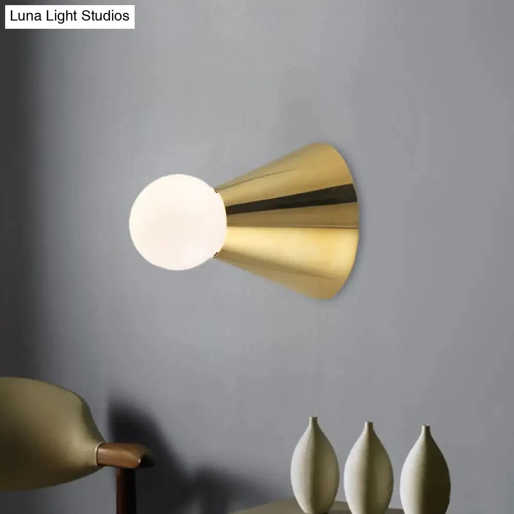 Mini Brass Coneball Wall Light with Single White Glass Sconce - Elegant Dining Room Fixture