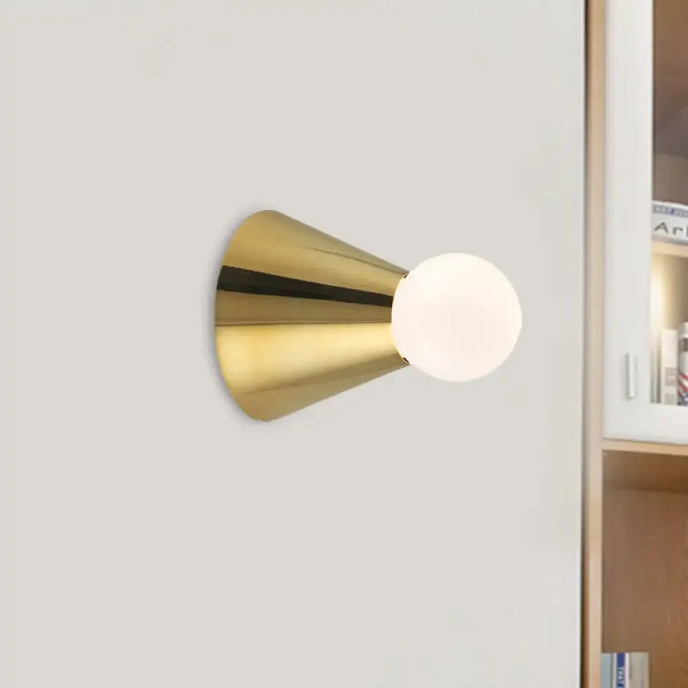 Mini Brass Coneball Wall Light with Single White Glass Sconce - Elegant Dining Room Fixture